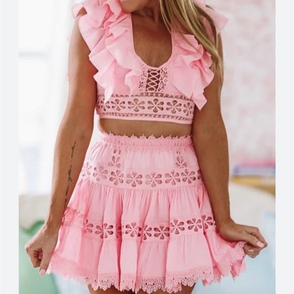 Olivaceous Pink Ruffled Lace Skirt Set